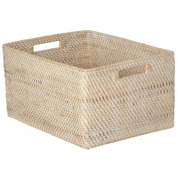 Kouboo Loma Rectangular Decorative Rattan Storage Basket With Handles, Coastal-Inspired Handwoven, Home Organization, Black Antique, Latte