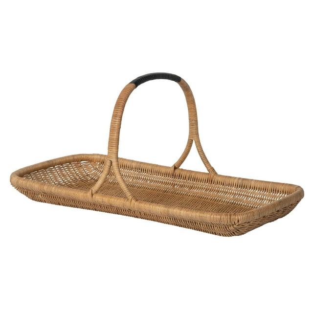 Kouboo Vegetable And Flower Wicker Basket With Leather Wrapped Arch Handle, Rattan Fruit Basket For Table, Wicker Flower Basket For Storage, Natural Color