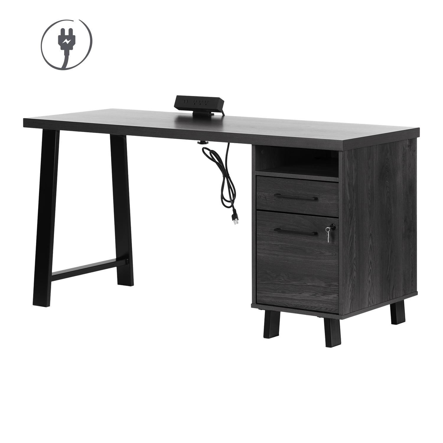 Gray Oak Multifunctional Computer Desk with Power Outlets and USB Ports