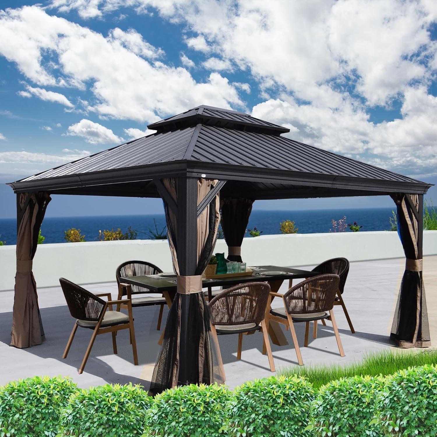 Kozyard Kozyard Alexander Gray Double Roof Hardtop Gazebo with Privacy Curtain Mosquito Netting