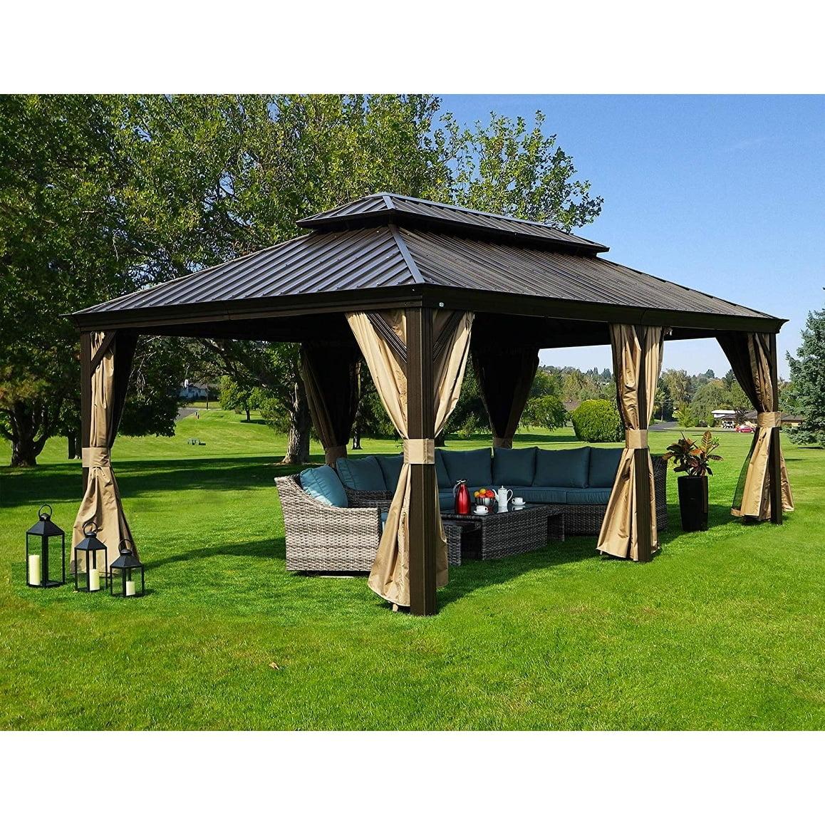 Kozyard Alexander Dark Brown Double Roof Hardtop Gazebo with Curtain and Mosquito Netting