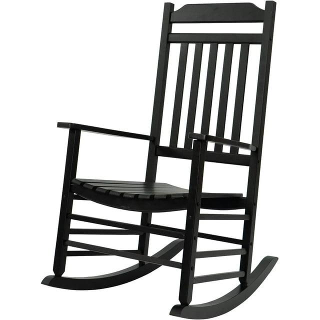 Costway Outdoor Wooden Rocking Chair with Solid Rocking Base Slatted Seat & Back Patio Black