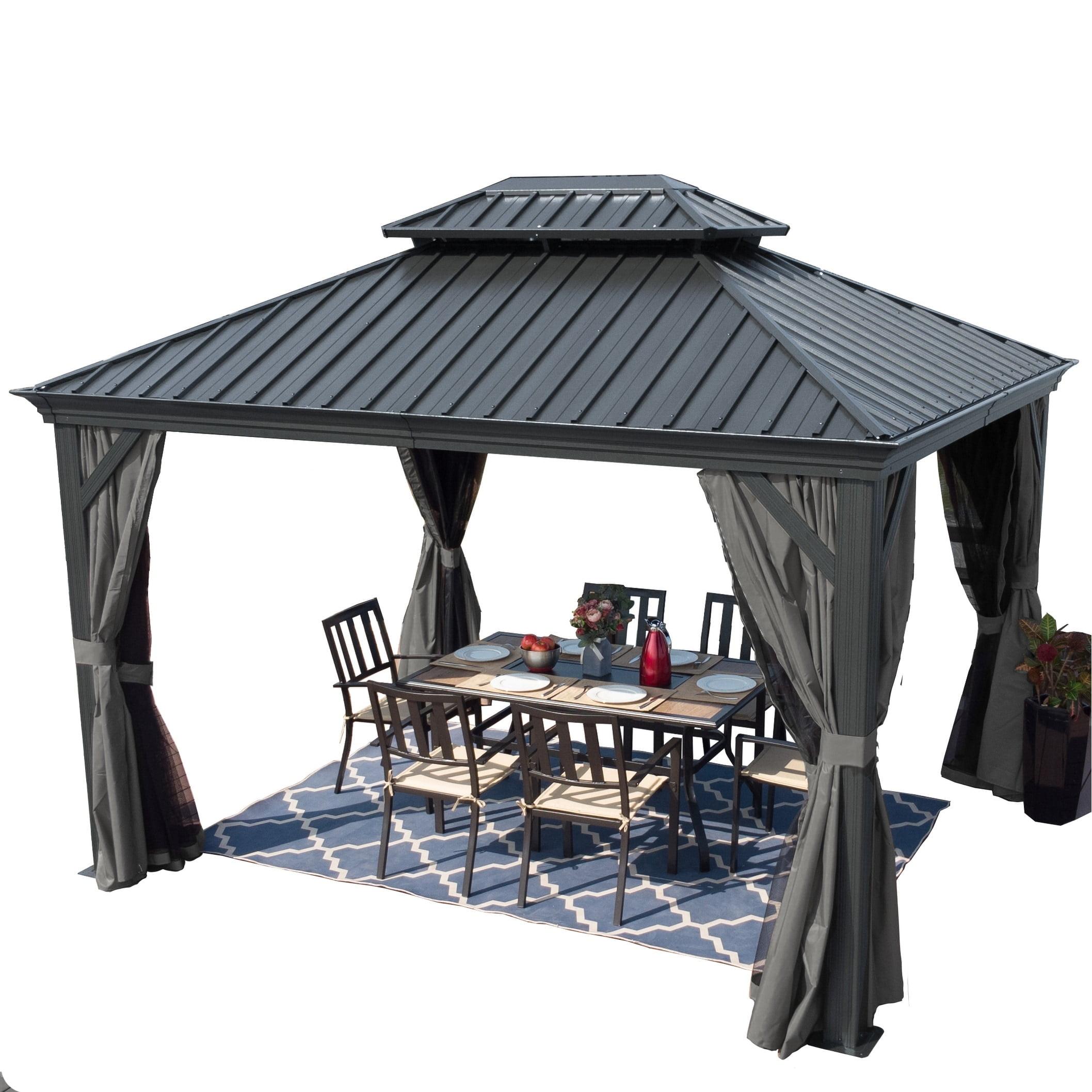 KOZYARD  Alexander Hardtop Aluminum Gazebo with Mosquito Net and Privacy Curtain Grey 10' x 12'