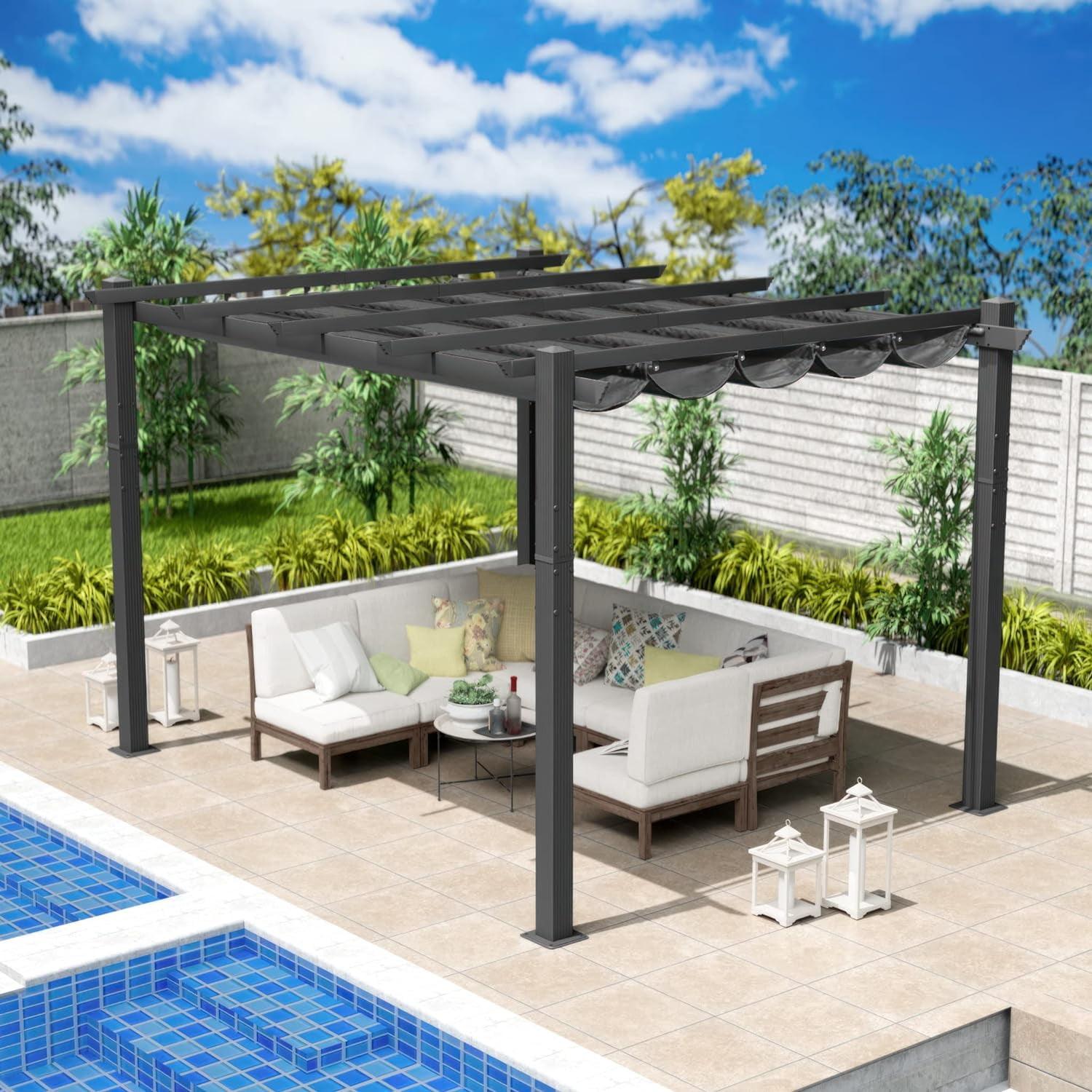 Gray Aluminum Frame Pergola with Sunshade Canopy, 10ft x 12ft