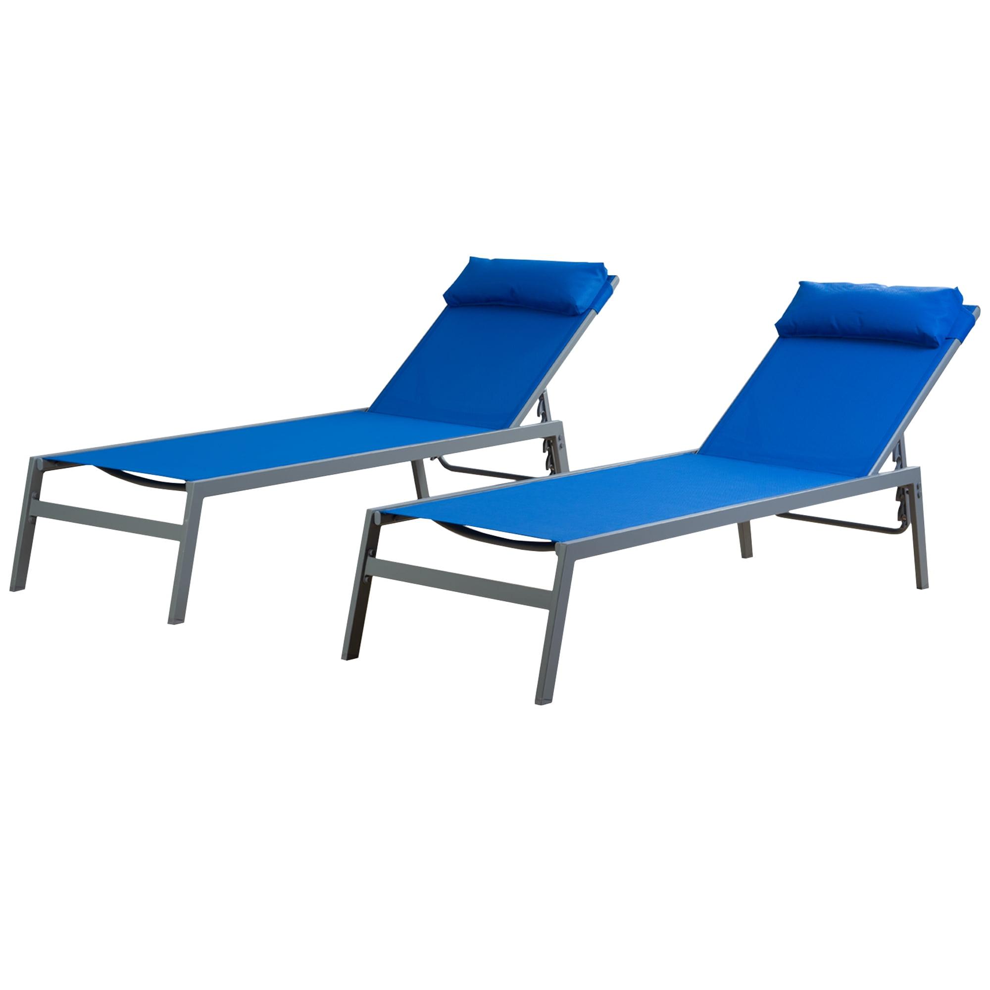 Blue Adjustable Wrought Iron Chaise Lounge Chair Set