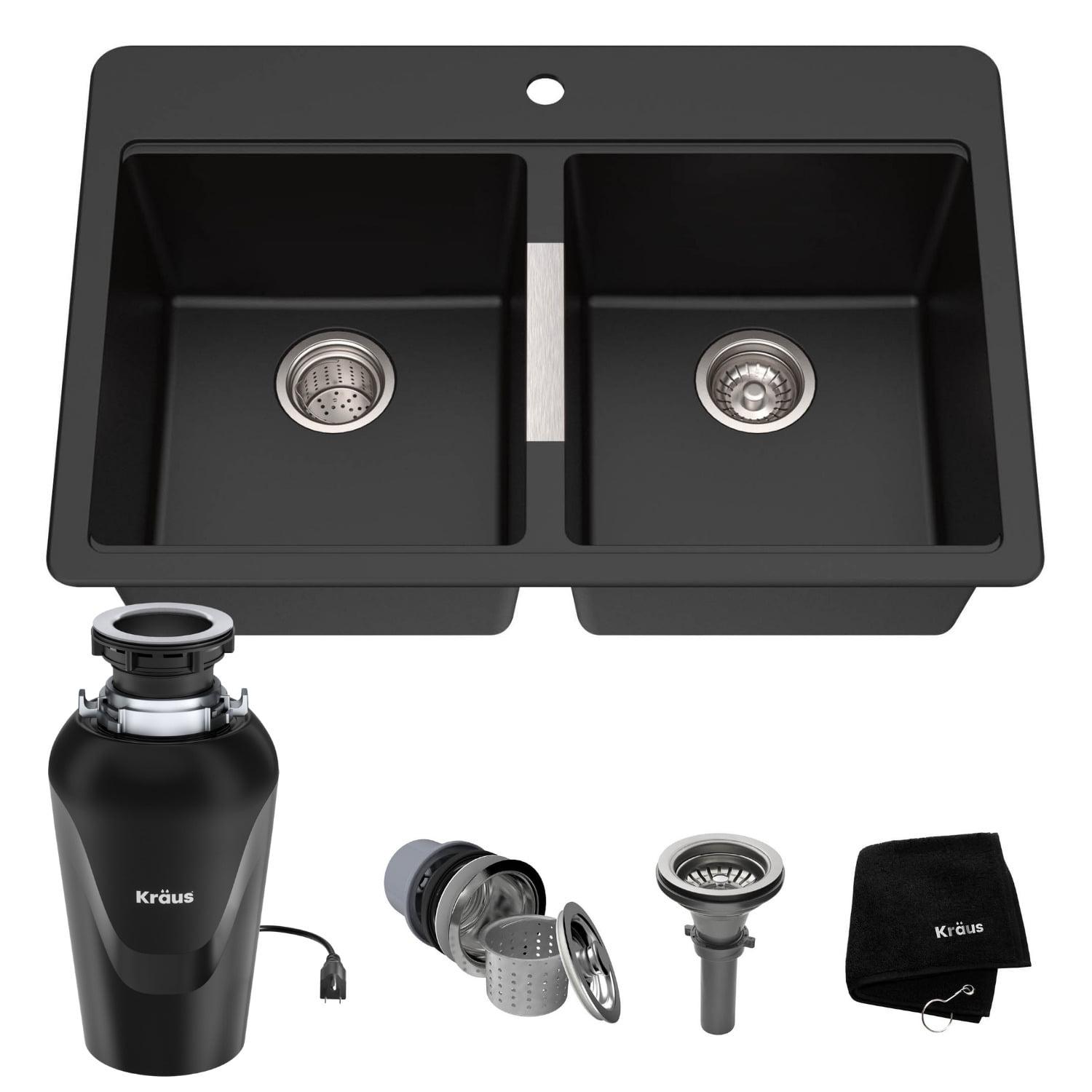 KRAUS 33 inch L Dual Mount 50/50 Double Bowl Granite Kitchen Sink w/ Top Mount and Undermount Installation in Black Onyx