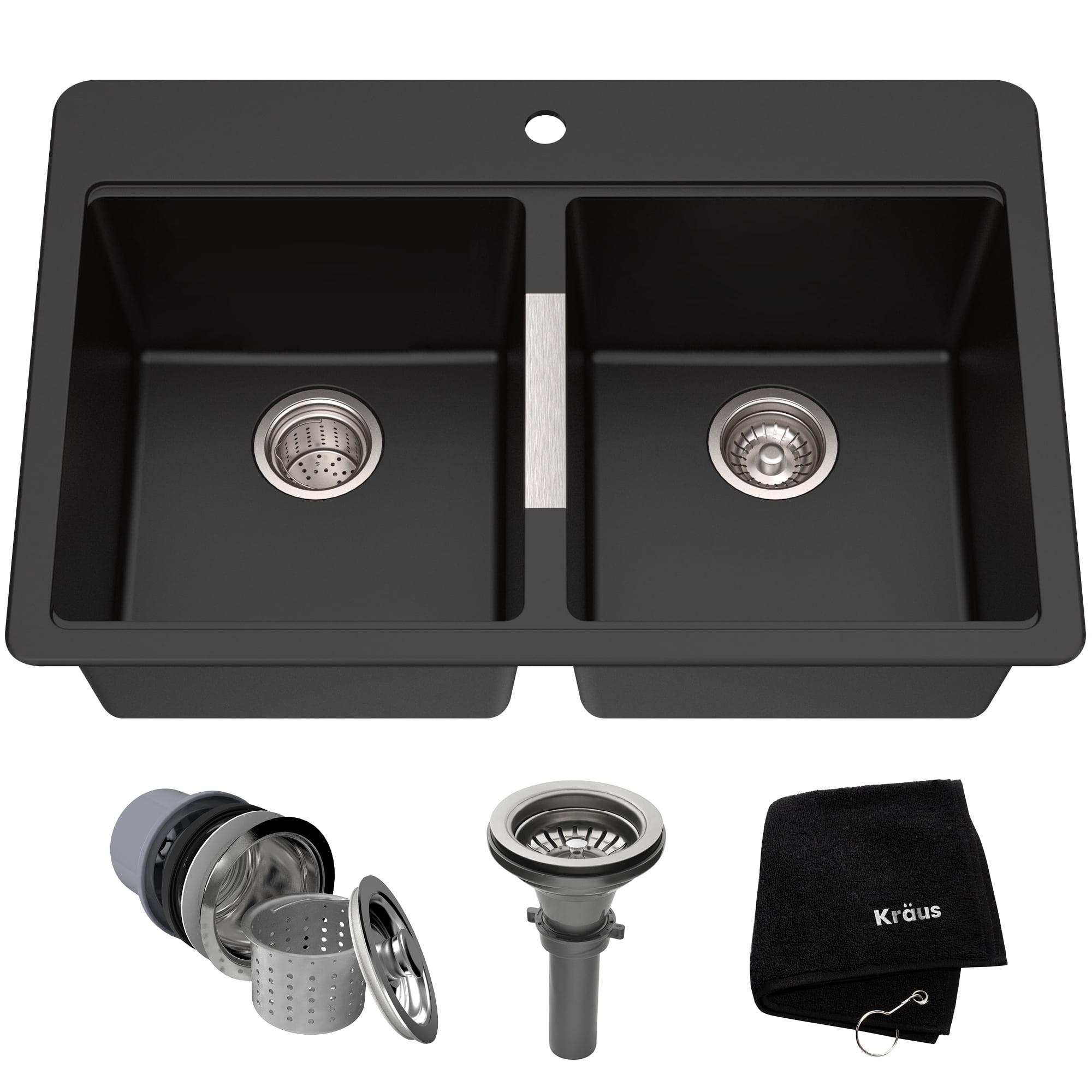 KRAUS 33 inch L Dual Mount 50/50 Double Bowl Granite Kitchen Sink w/ Top Mount and Undermount Installation in Black Onyx