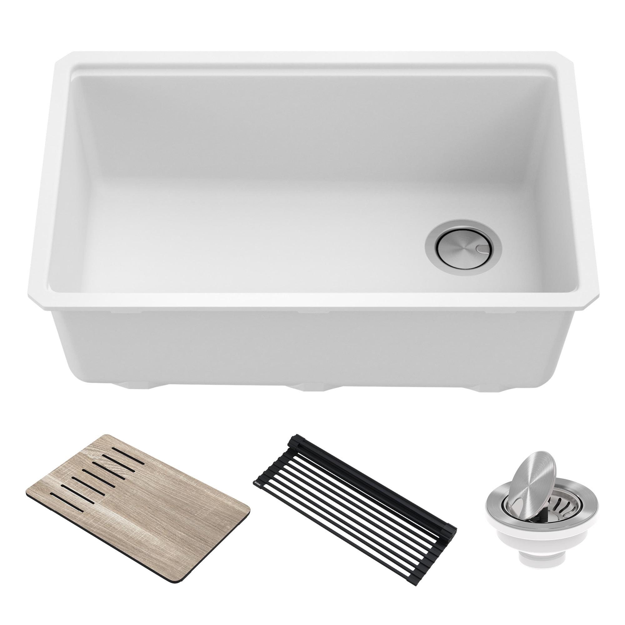 30 in. KRAUS Bellucci Workstation Undermount Granite Composite Single Bowl Kitchen Sink in White with Accessories