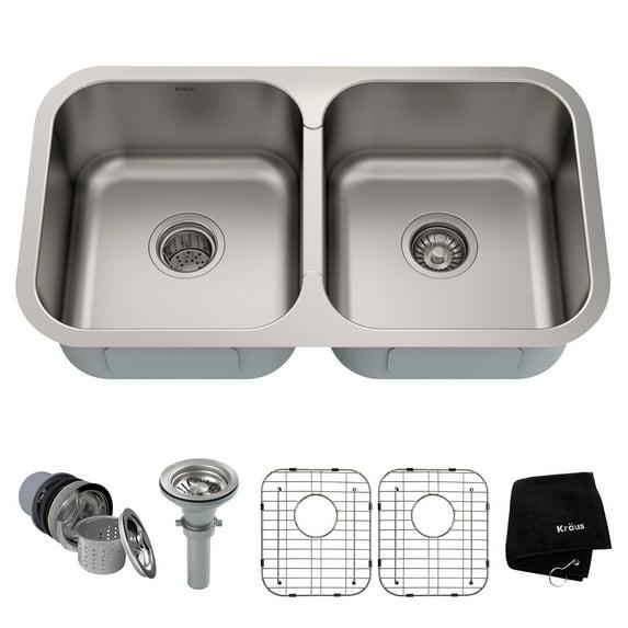 Kraus KRAUS Premier 32-inch L 18 Gauge Undermount 50/50 Double Bowl Stainless Steel Kitchen Sink KBU29