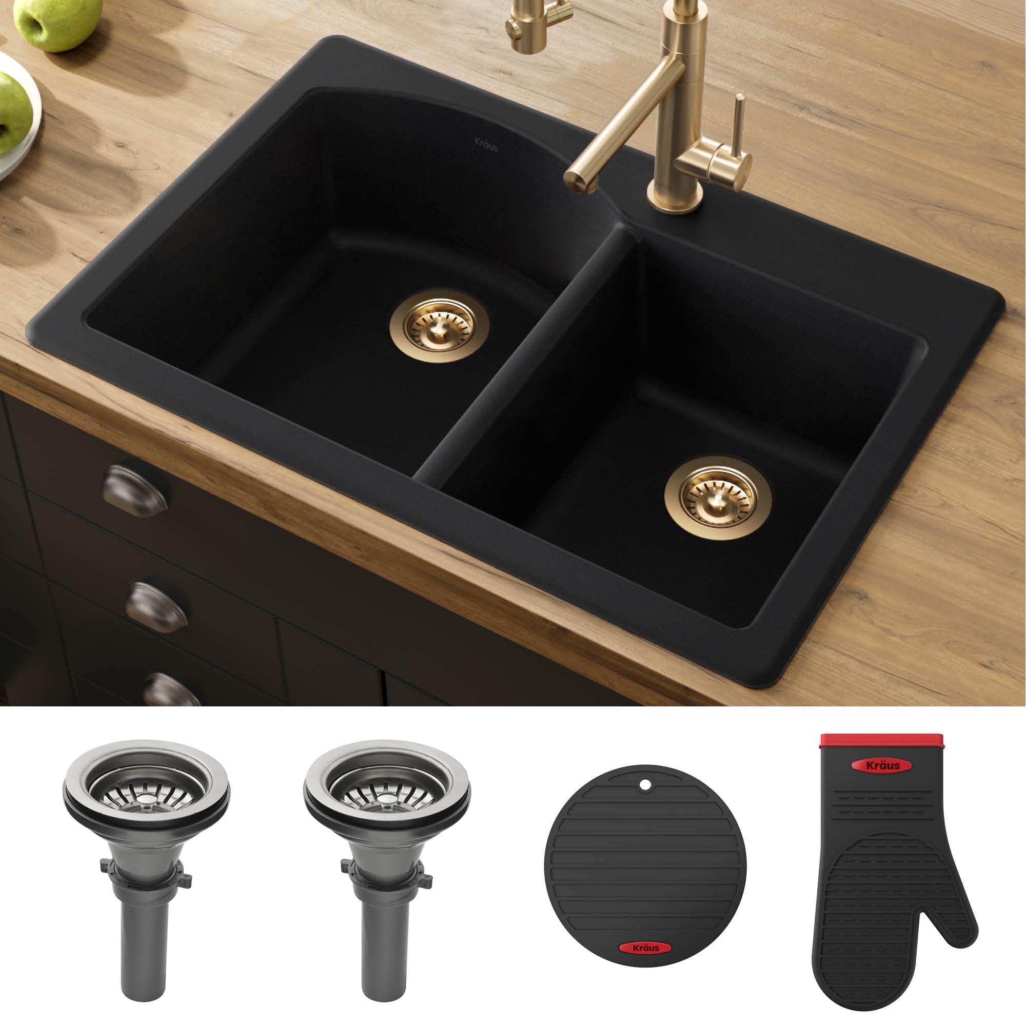 Forteza 33-Inch Black Granite Double Bowl Drop-In Kitchen Sink