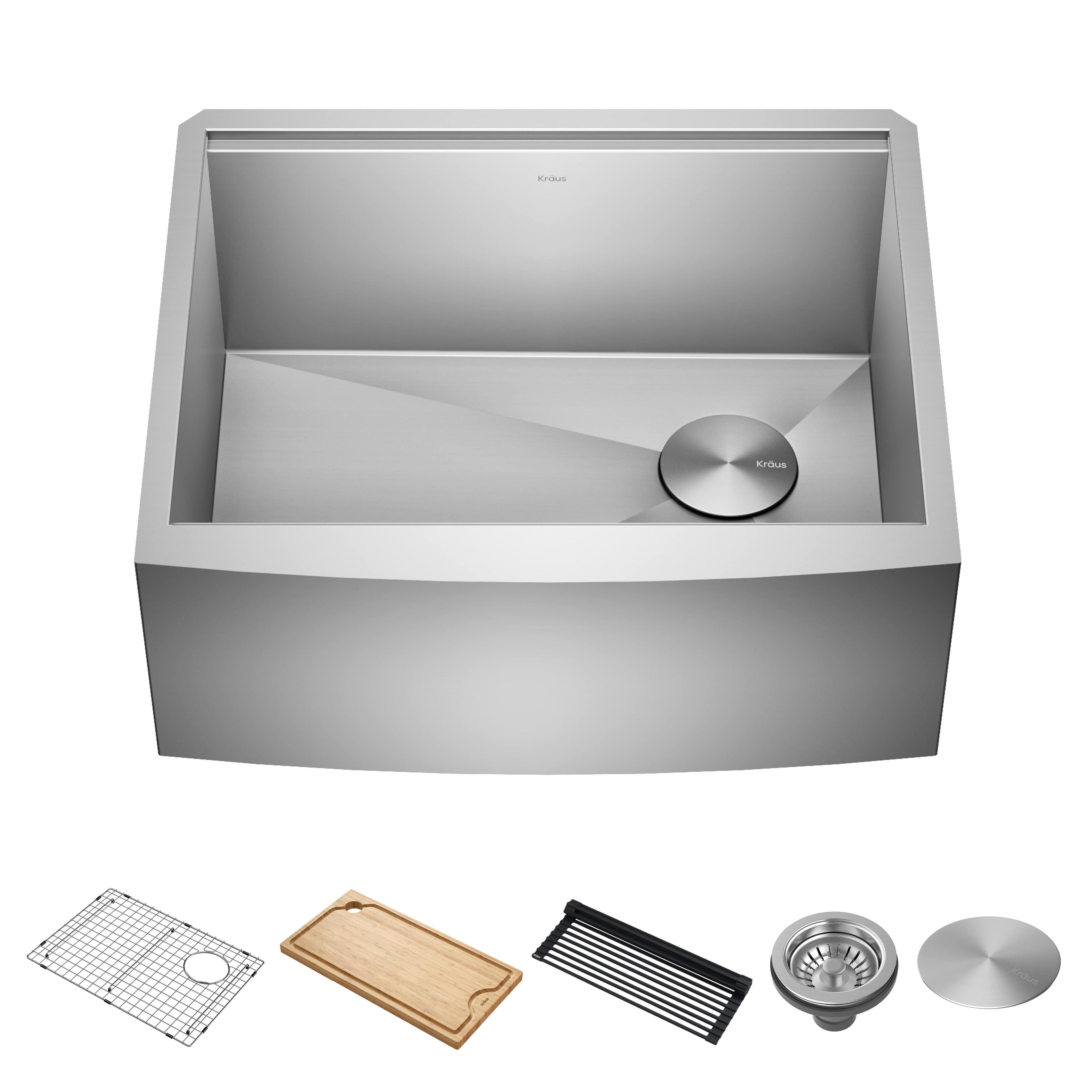 KRAUS Kore™ 24" L Farmhouse Apron Front Workstation 16 Gauge Stainless Steel Single Bowl Kitchen Sink with Accessories