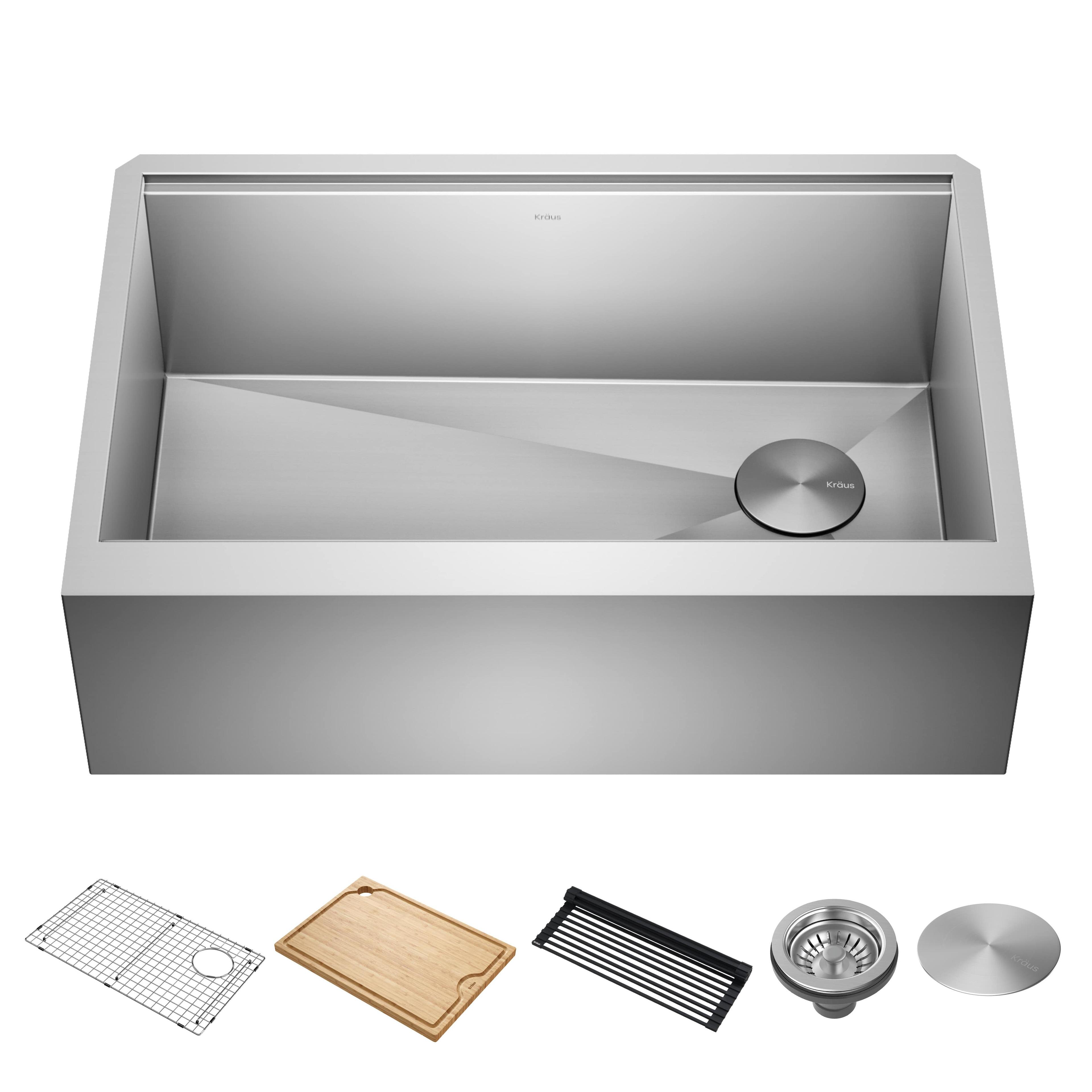 KRAUS Kore Workstation 30-inch L Farmhouse Flat Apron Front 16 Gauge Single Bowl Stainless Steel Kitchen Sink