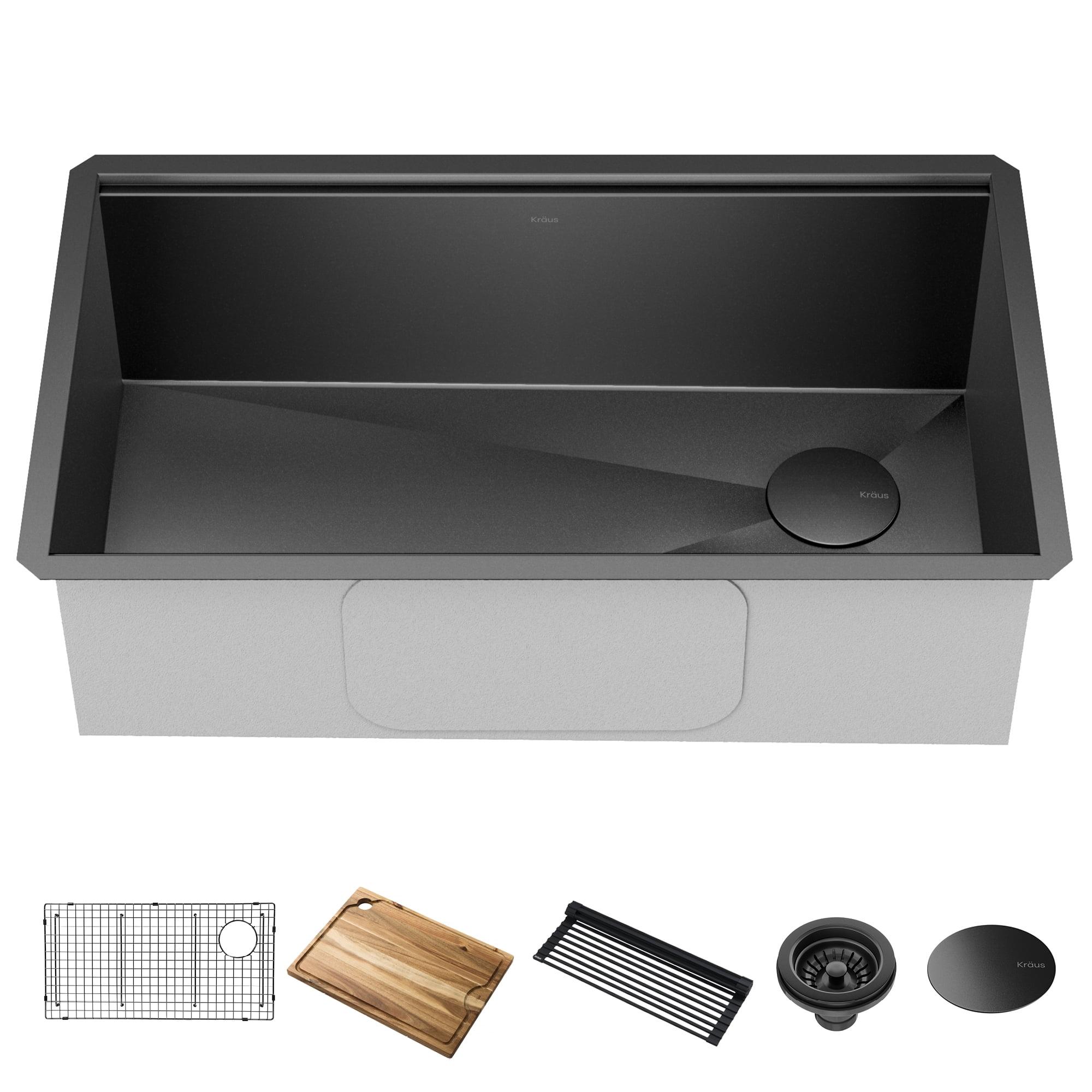 Kraus Kore Workstation 32 Undermount 16 Gauge Stainless Steel Single Bowl Kitchen Sink in PVD Gunmetal Finish with Accessories