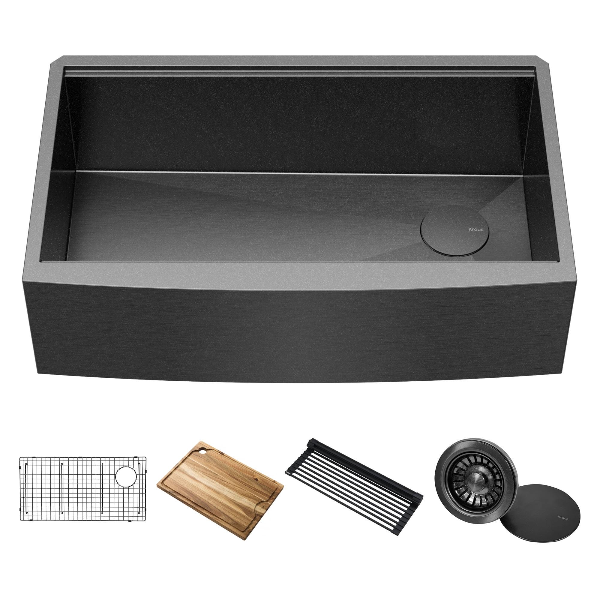 KRAUS Kore™ Workstation 33" L Farmhouse Apron Front 16 Gauge Black Stainless Steel Single Bowl Kitchen Sink