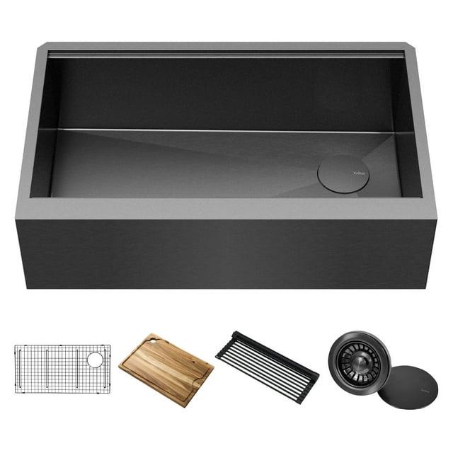 KRAUS Kore™ Workstation 33" L Farmhouse Modern Flat Apron Front 16 Gauge Black Stainless Steel Single Bowl Kitchen Sink