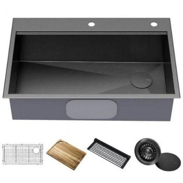 KRAUS Kore™ Workstation 33" L Top Mount Drop-In 16 Gauge Black Stainless Steel Single Bowl Kitchen Sink