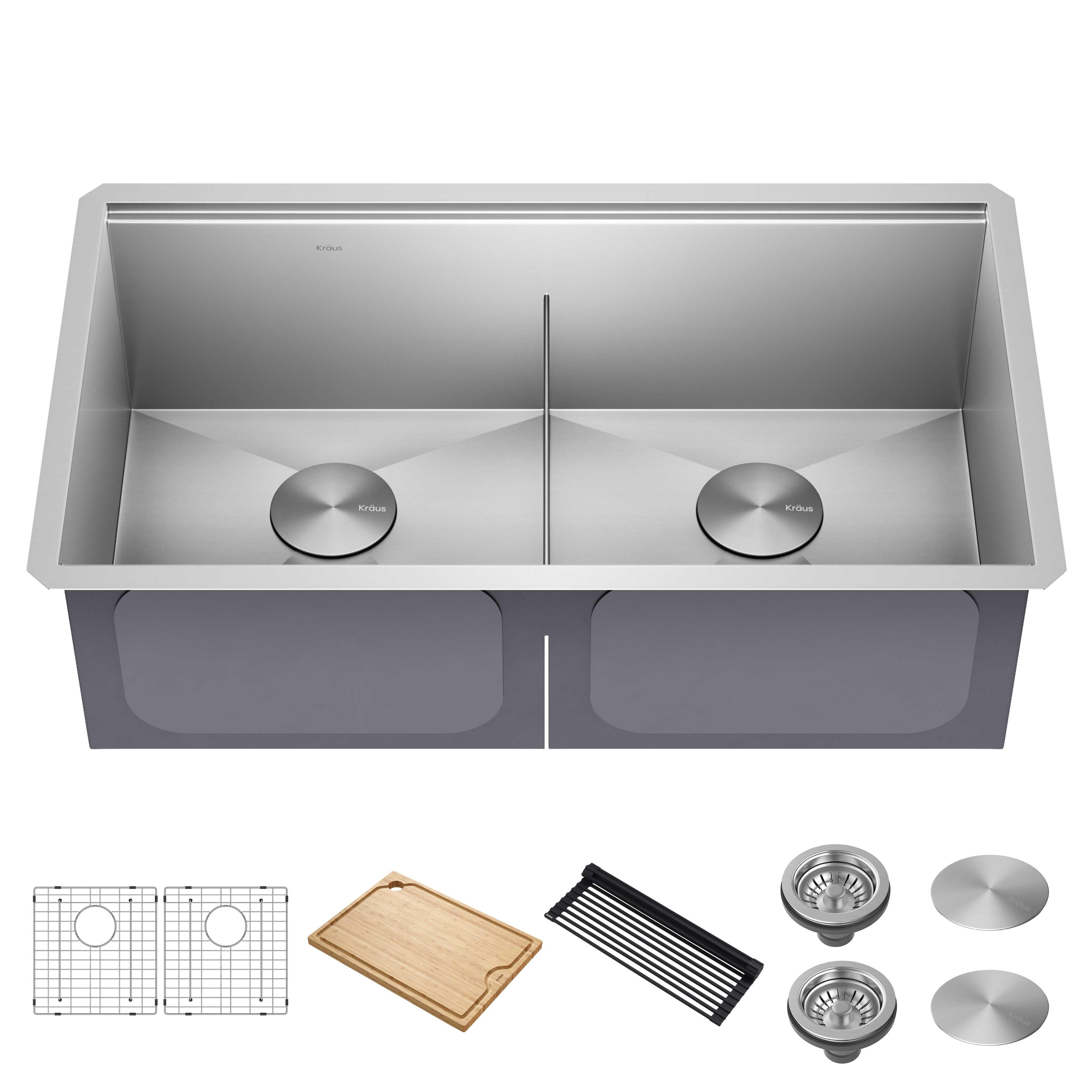 KRAUS Kore™ Workstation 33-inch L Undermount 16 Gauge Double Bowl Stainless Steel Kitchen Sink with Accessories