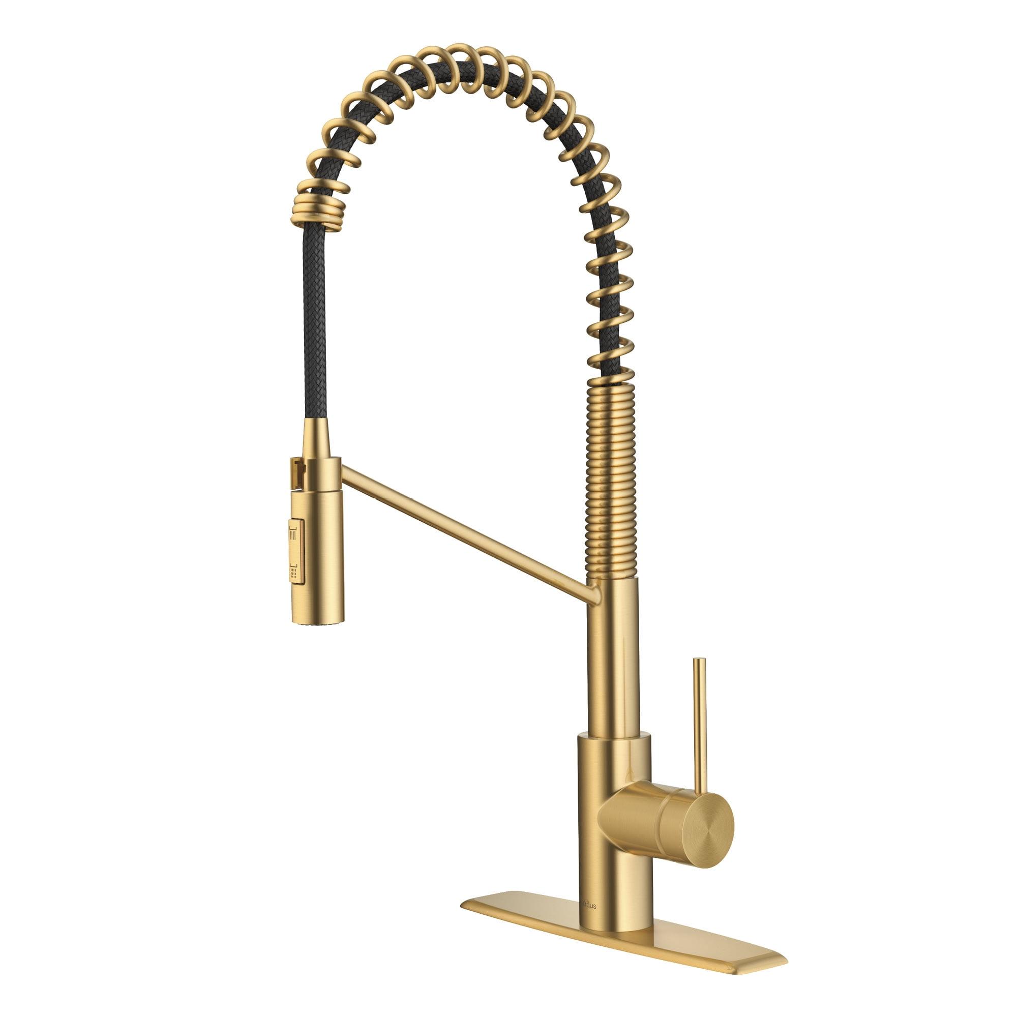 KRAUS Oletto Commercial Style Single Handle Pull Down Kitchen Faucet with QuickDock Top Mount Installation Assembly in Brushed Brass