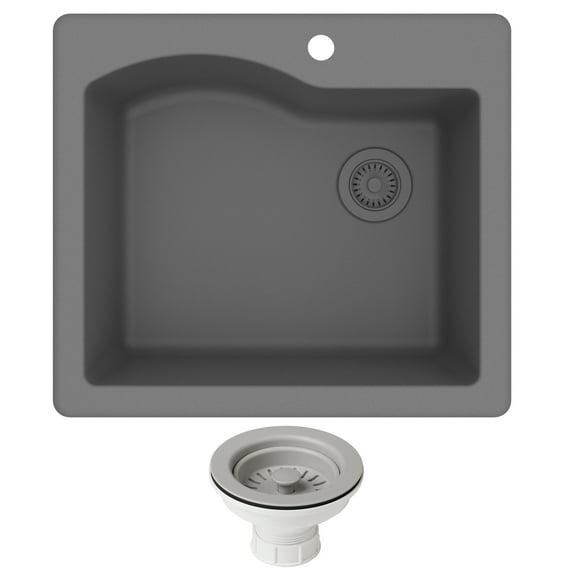 Kraus KRAUS Quarza™ 25" L Dual Mount Single Bowl Granite Kitchen Sink and Strainer KGD-441GREY-PST1-GR
