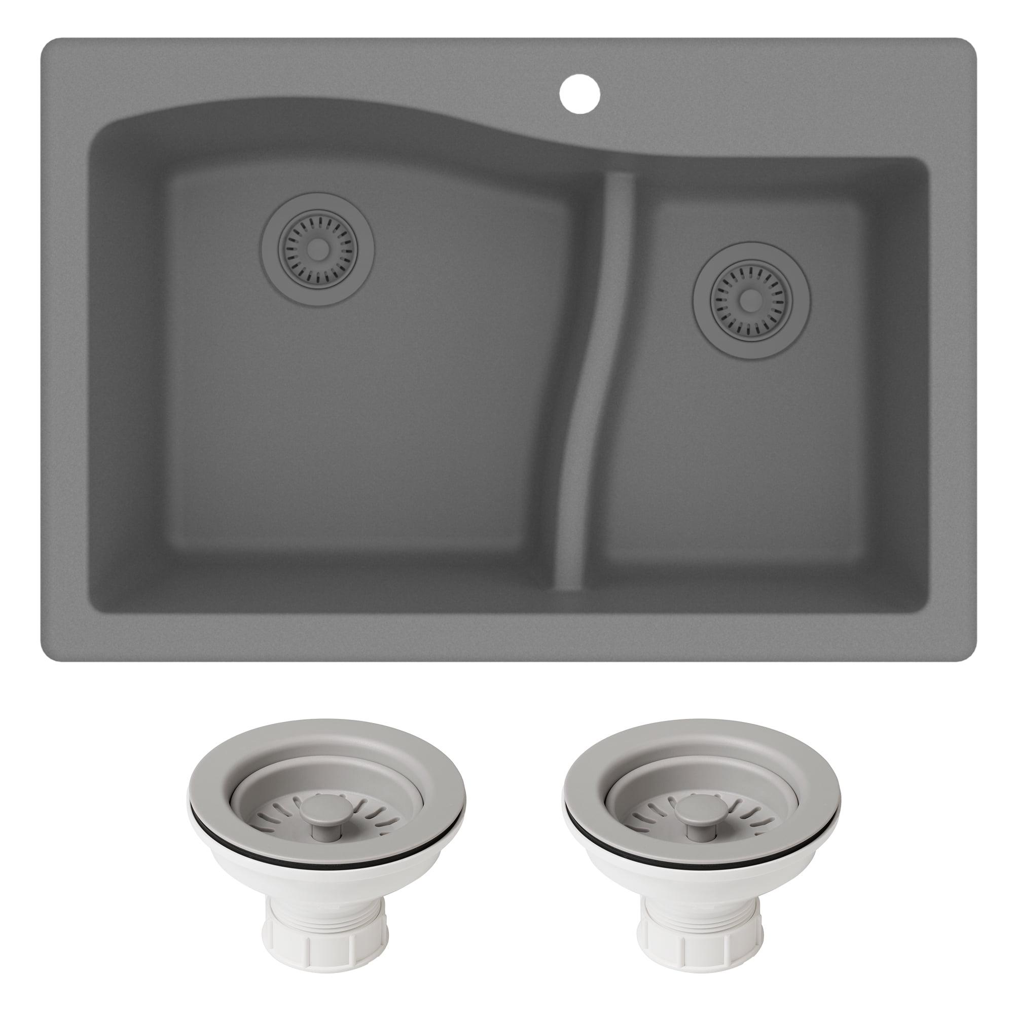 Kraus KRAUS Quarza™ 33" L Dual Mount 60/40 Double Bowl Granite Kitchen Sink and Strainers KGD-442GREY-PST1-GR
