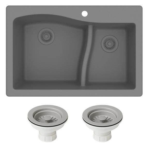Kraus KRAUS Quarza™ 33" L Dual Mount 60/40 Double Bowl Granite Kitchen Sink and Strainers KGD-442GREY-PST1-GR