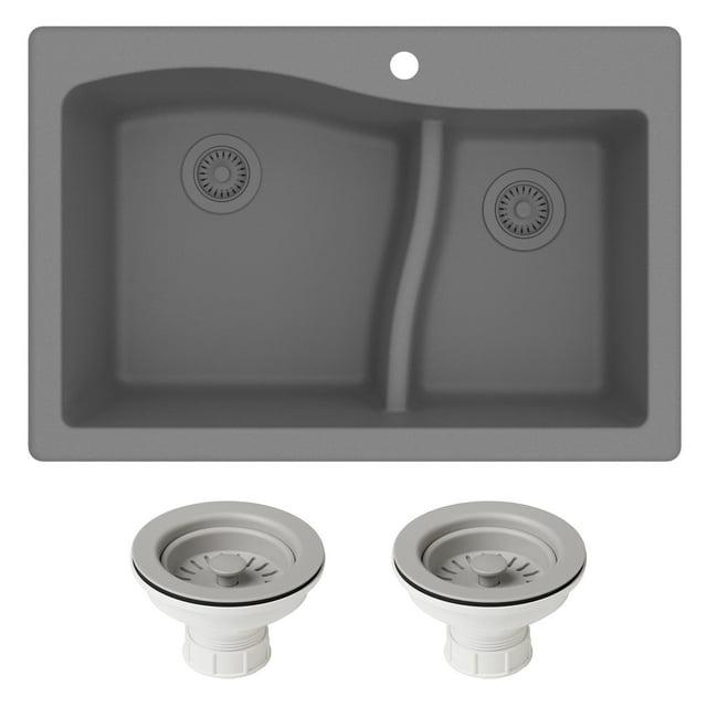 Kraus KRAUS Quarza™ 33" L Dual Mount 60/40 Double Bowl Granite Kitchen Sink and Strainers KGD-442GREY-PST1-GR
