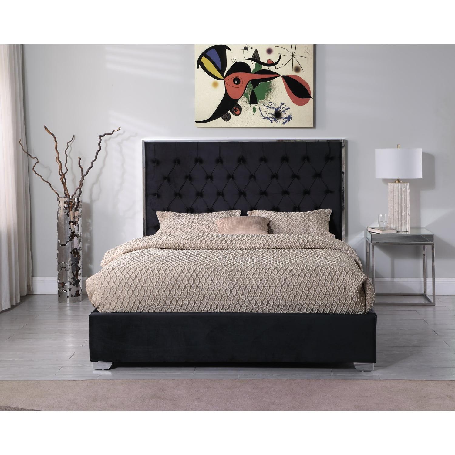 Kressa Black Velvet Tufted Queen Platform Bed with Upholstered Headboard