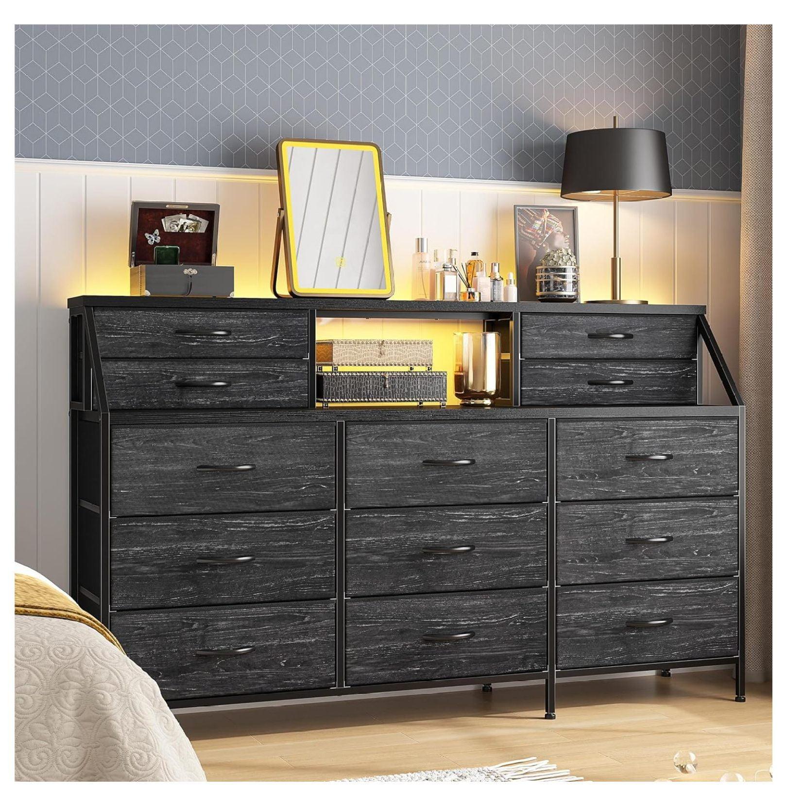 EnHomee 55"W Dresser for Bedroom Black Fabric Dresser with 13 Drawers Long Dressers & Chests of Drawers for , Living Room,Entryway