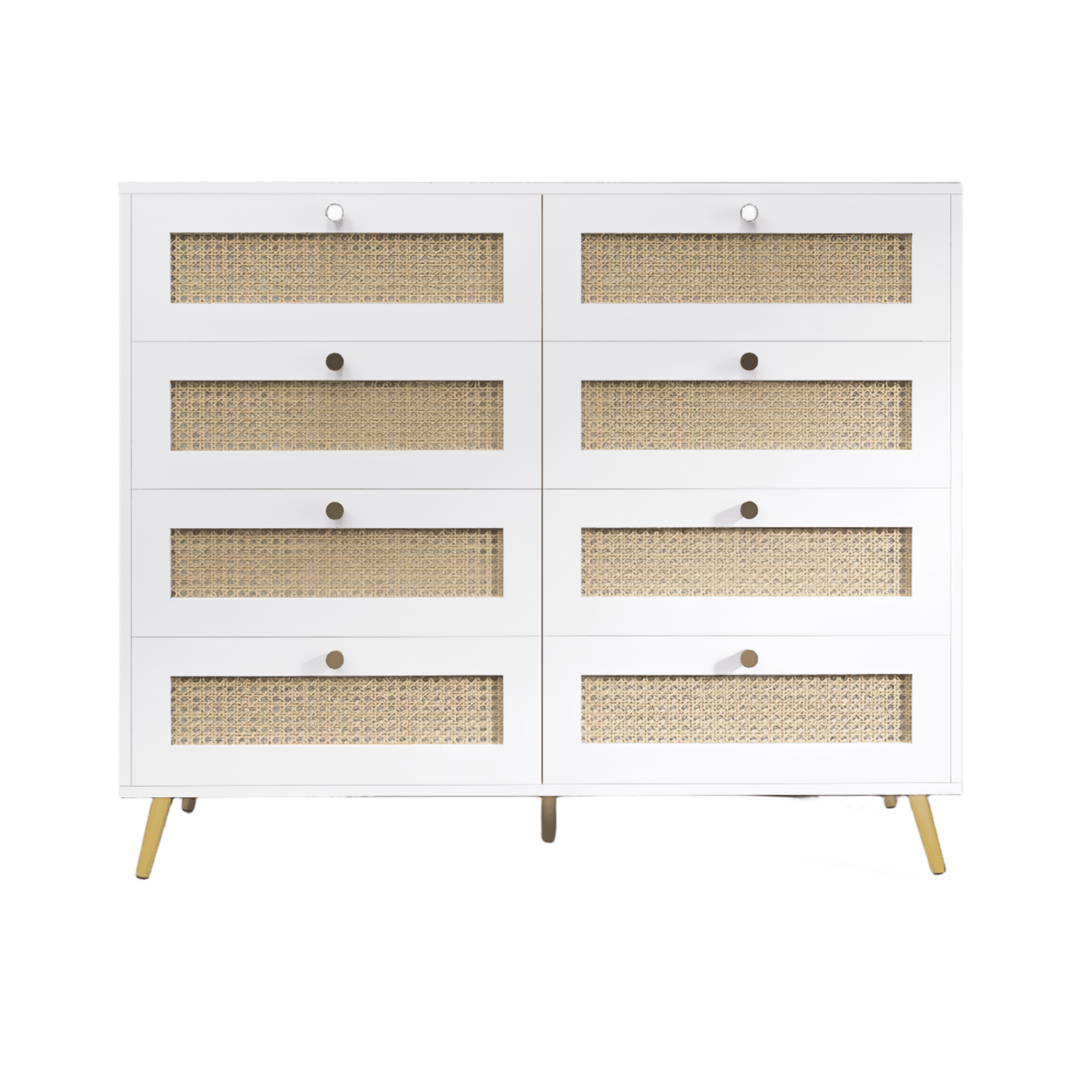 Kselythan 8 Drawer Dresser, Dresser Organizer With Rattan Drawer Face, Golden Legs and Handles, Wide Chest of Drawers For Closets Bedroom Nursery Room Hallway