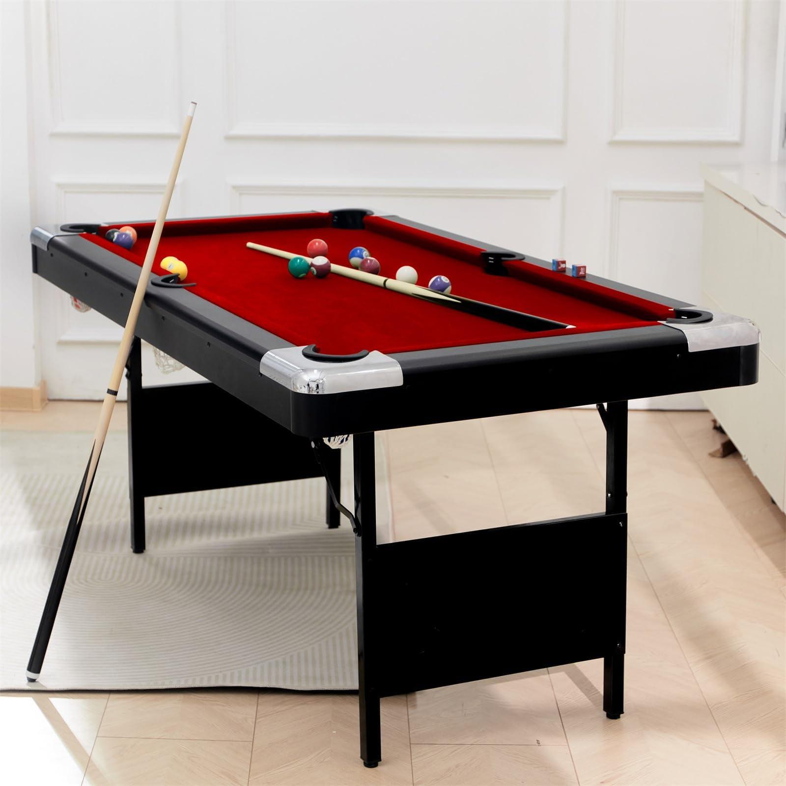 Portable Foldable 6' Red MDF Pool Table Set with Accessories