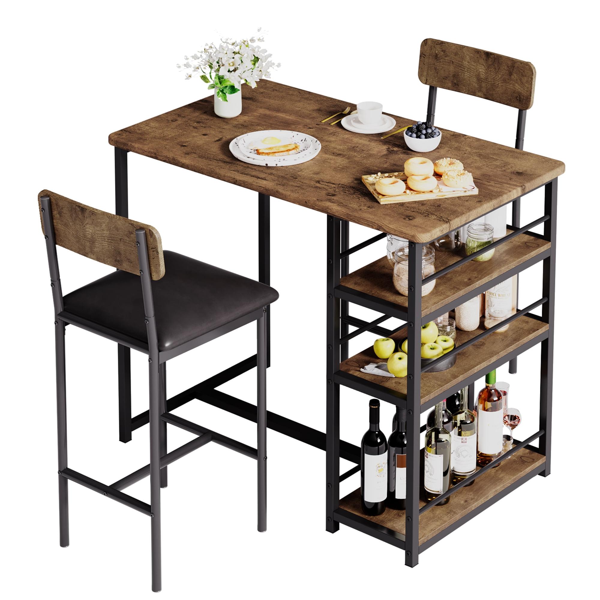 3-Piece Dining Table Set for 2 with Upholstered Bar Chairs, Kitchen Bar Table Set with 3 Storage Shelves, Space-Saving Furniture for Small Spaces, Apartment, Studio, Breakfast Nook