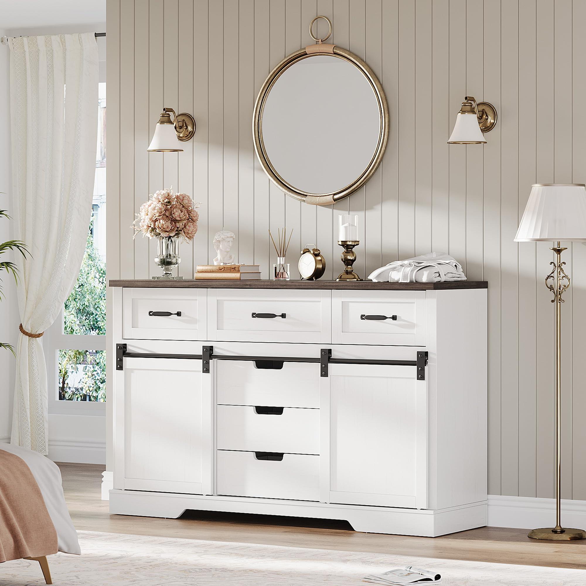 August Grove® Farmhouse 6 Drawers Dresser For Bedroom With Sliding Barn Doors, Wood Dresser & Chest Of Drawers, Rustic Dresser Tv Stand, Dresser Organizer For Bedroom, Living Room, White