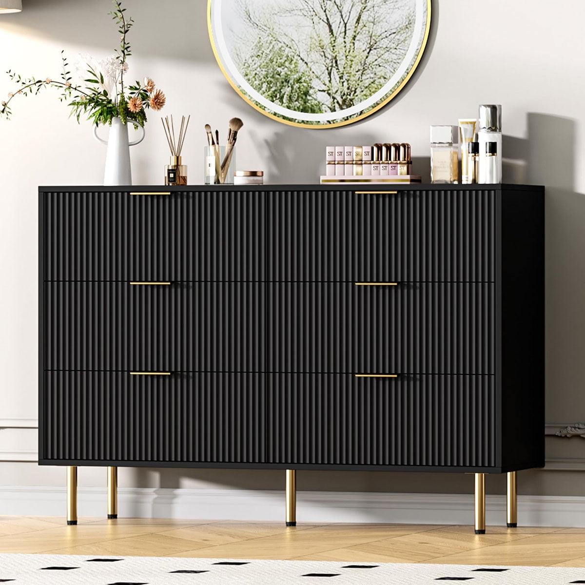 Garvee Fluted Wood Dresser 6 Drawers Dresser for Bedroom, Large Modern Chest of Drawers, Black Dresser with Gold Handle,for Living Room, Hallway
