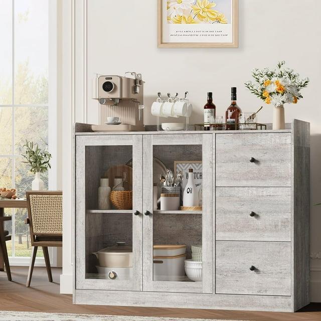 WALYWIK Sideboard Buffet Cabinet with Storage, 43" Coffee Bar Cabinet with Glass Doors and 3 Drawers, Storage Cabinet with Adjustable Shelves for Kitchen, Dining Room, Grey