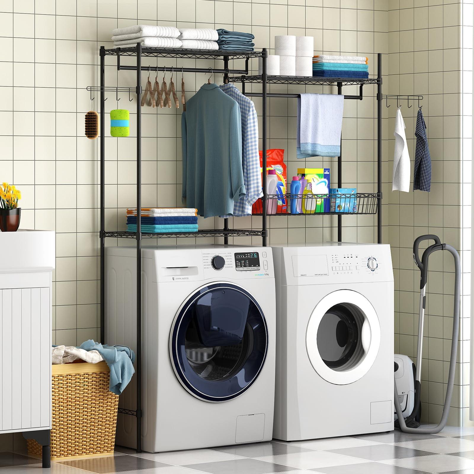 Kselythan Over Washer and Dryer Shelves,57.4" W Heavy Duty Laundry Room Storage Organization Clothes Drying Rack,Height Adjustable Towel Racks with Hamper and Hooks,Space Saving Shelf