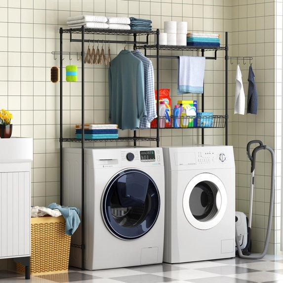 Kselythan Over Washer and Dryer Shelves,57.4" W Heavy Duty Laundry Room Storage Organization Clothes Drying Rack,Height Adjustable Towel Racks with Hamper and Hooks,Space Saving Shelf
