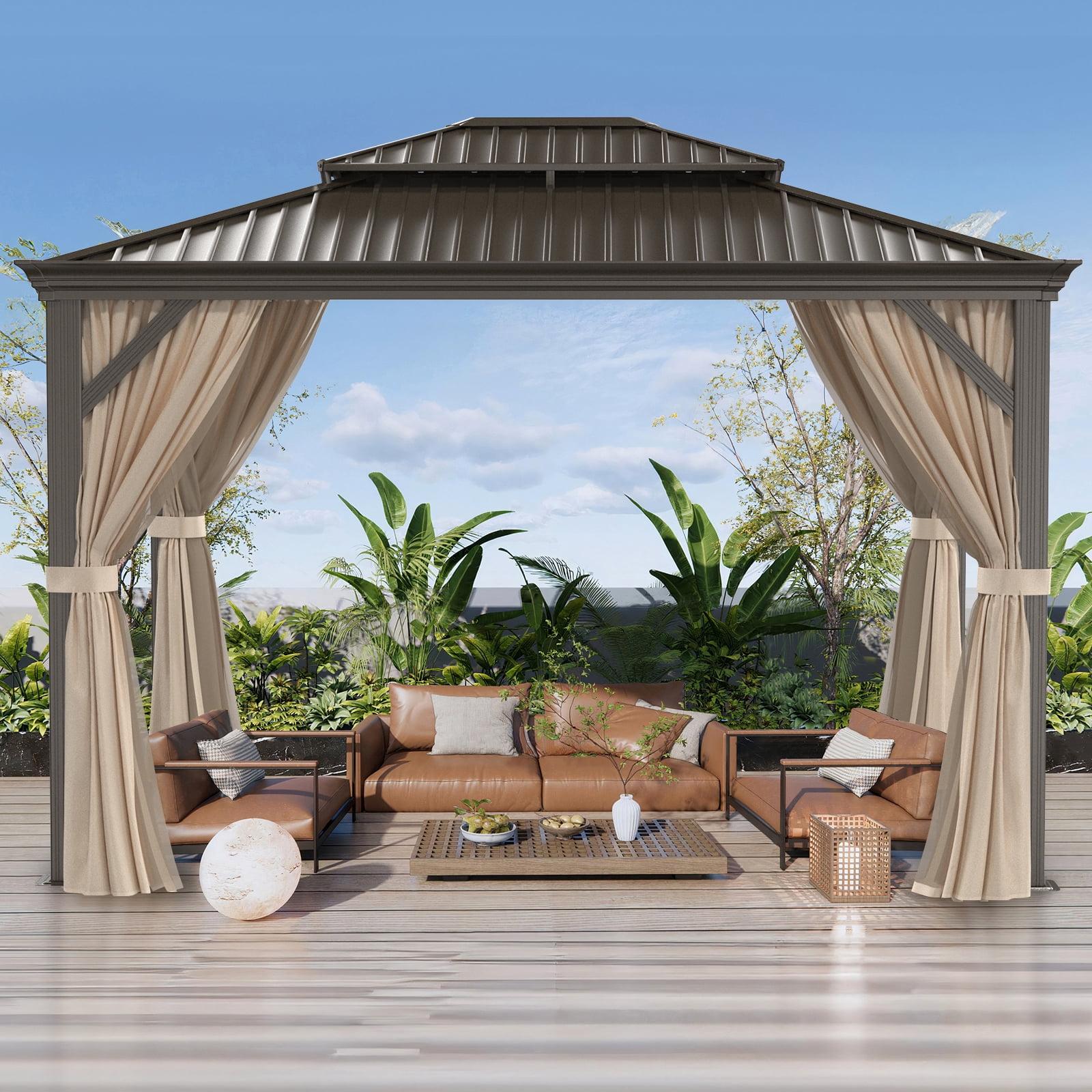 10' x 12' Dark Brown Aluminum Frame Gazebo with Khaki Curtains