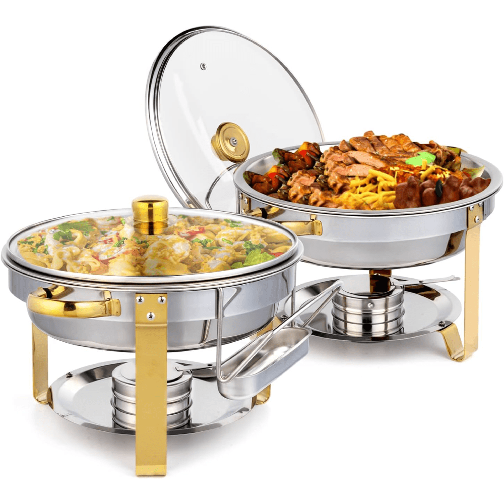 WhizMax Chafing Dish Buffet Set 2 Pack 5QT, Stainless Steel Round Chafing Dishes for Buffet with Lid Holder & Glass Lid, Gold