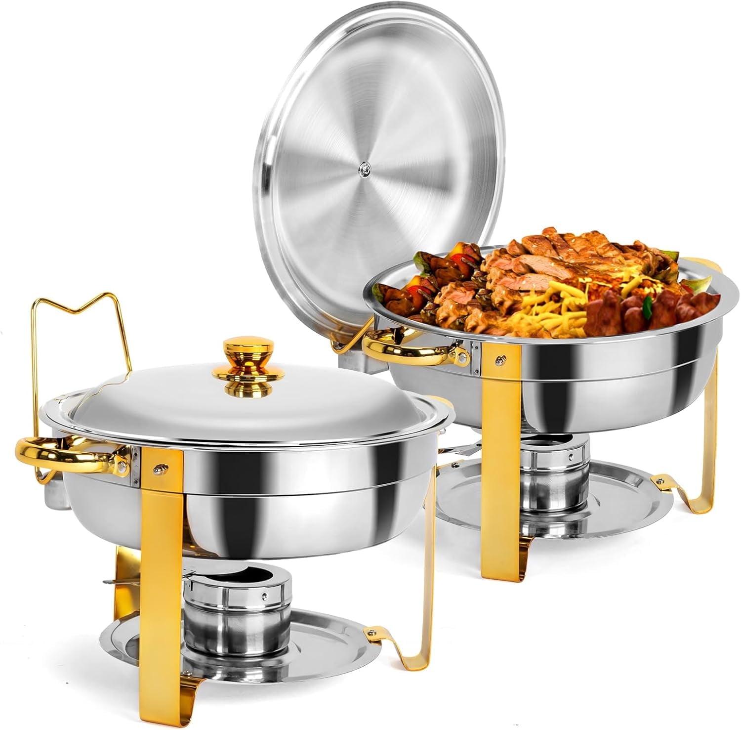 WhizMax Chafing Dish Buffet Set 2 Pack 5QT, Stainless Steel Round Chafing Dishes for Buffet with Lid Holder & Glass Lid, Gold