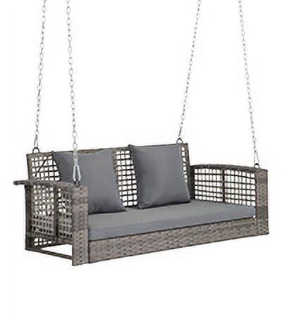 Gray Wicker 2-Person Porch Swing with Cushions and Steel Frame