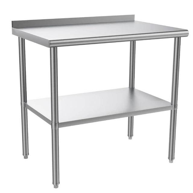 ROVSUN 36'' x 24'' Stainless Steel Table with Backsplash, Pre Work Table Metal Table for Kitchen Restaurant Home
