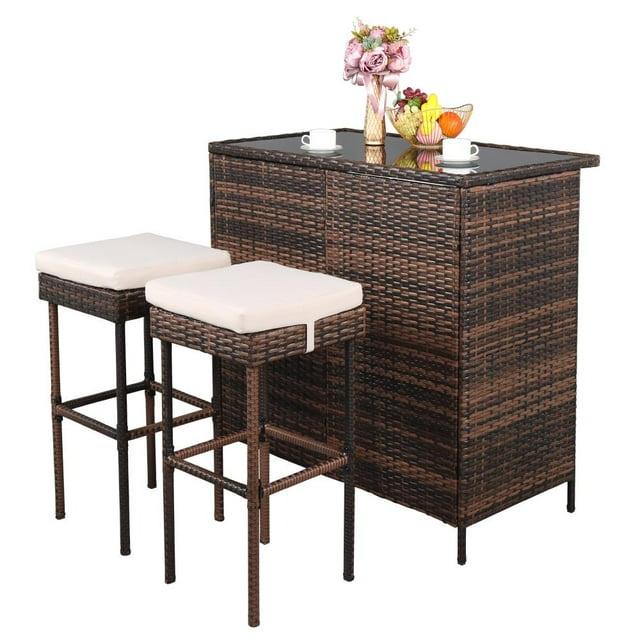 GoDecor 3 pcs Patio Outdoor Rattan Wicker Bar Set, Brown, Wicker Bistro Set with 2 Bar Stools and 1 Wicker Bar Table, Brown