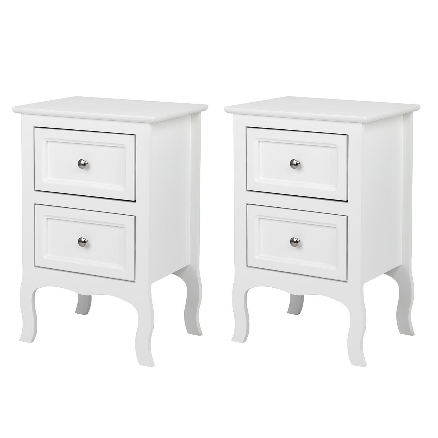 White Wood 2-Drawer Bedside Table Set