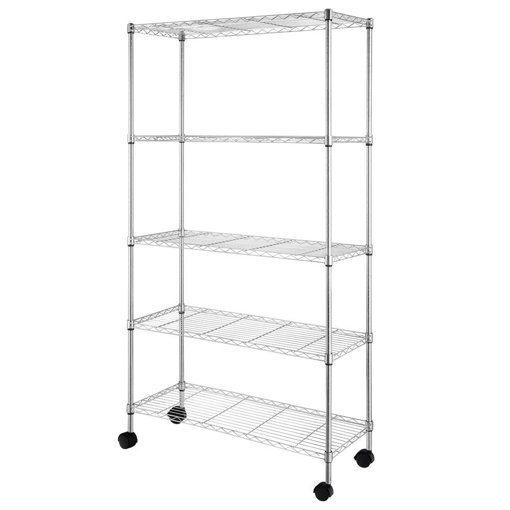 Chrome 5-Tier Adjustable Wire Shelving Unit with Wheels