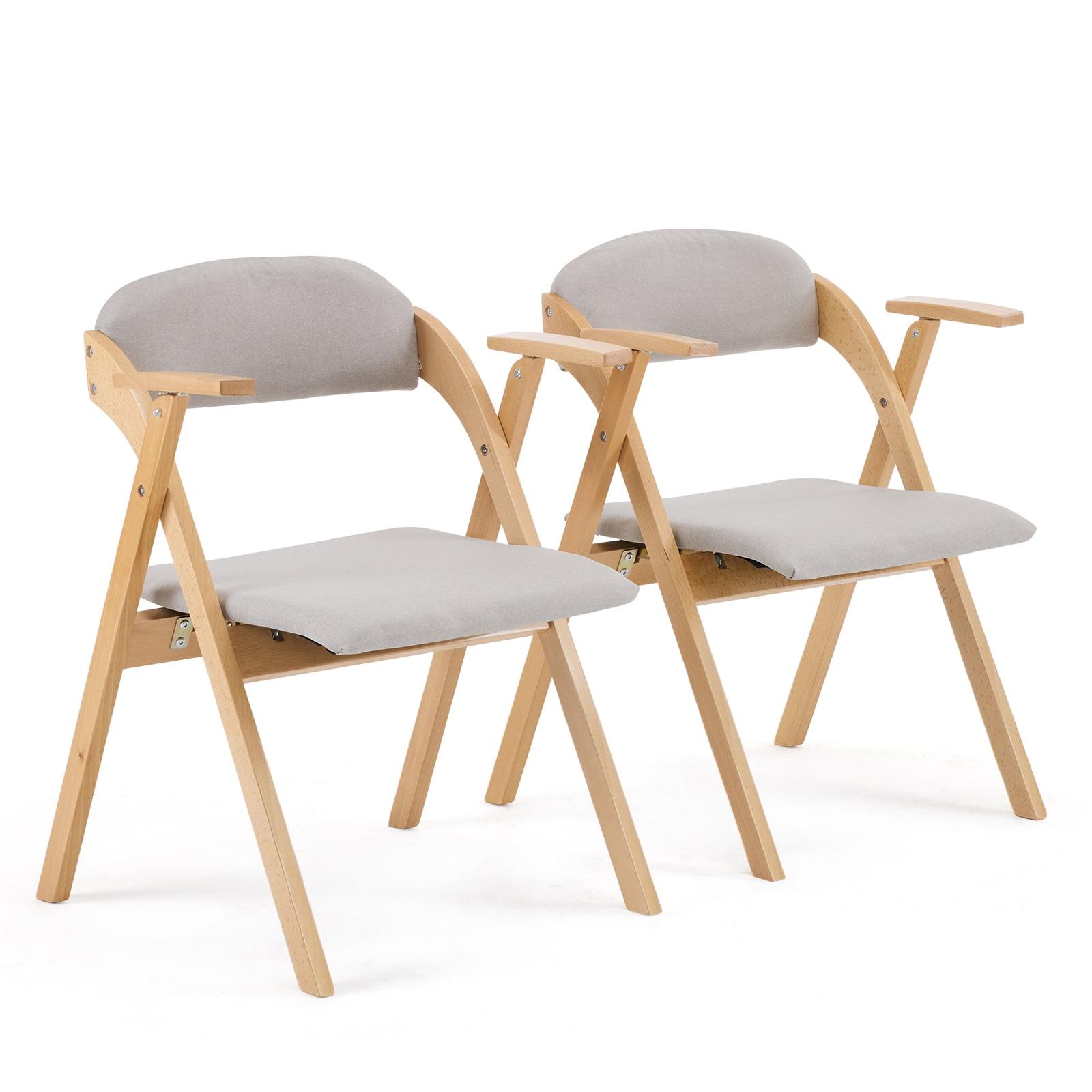 Ktaxon Folding Chairs Beech Frame Foldable Event Chairs Fabric Padded Diner Chairs with Arms for Office and Party Reading Dining Set of 2 Light Gray