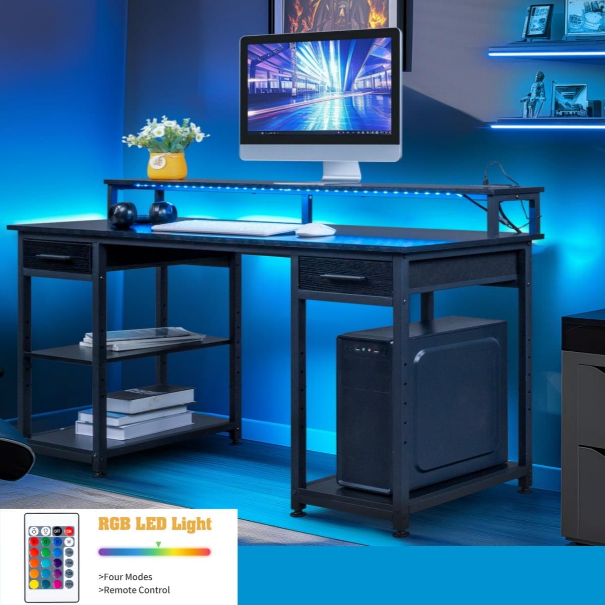 Black Adjustable Height Gaming Desk with Drawer and Power Outlet