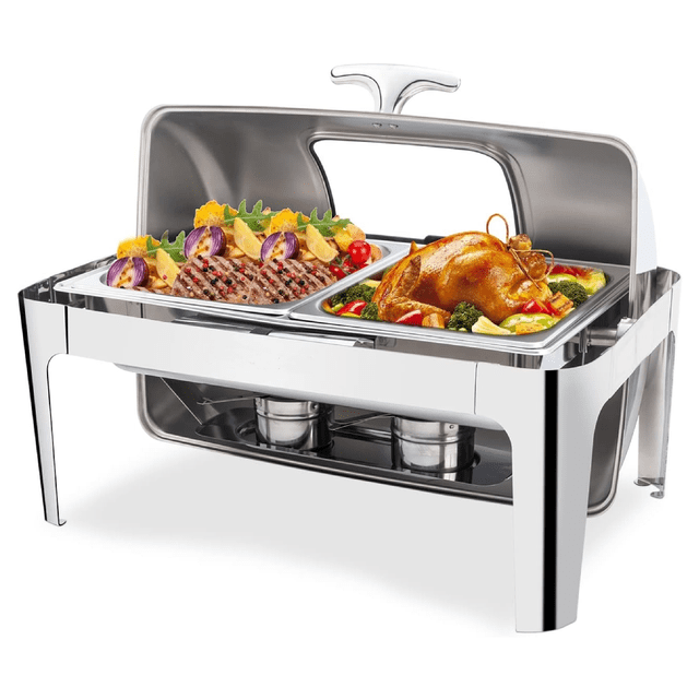 Ktaxon Roll Top Chafing Dish for Buffet 2 Half Size, 9 Quart Stainless Steel Buffet Set with Visible Window, Chafers and Warmers Sets for Party, Catering, Wedding, Banquet, Graduation