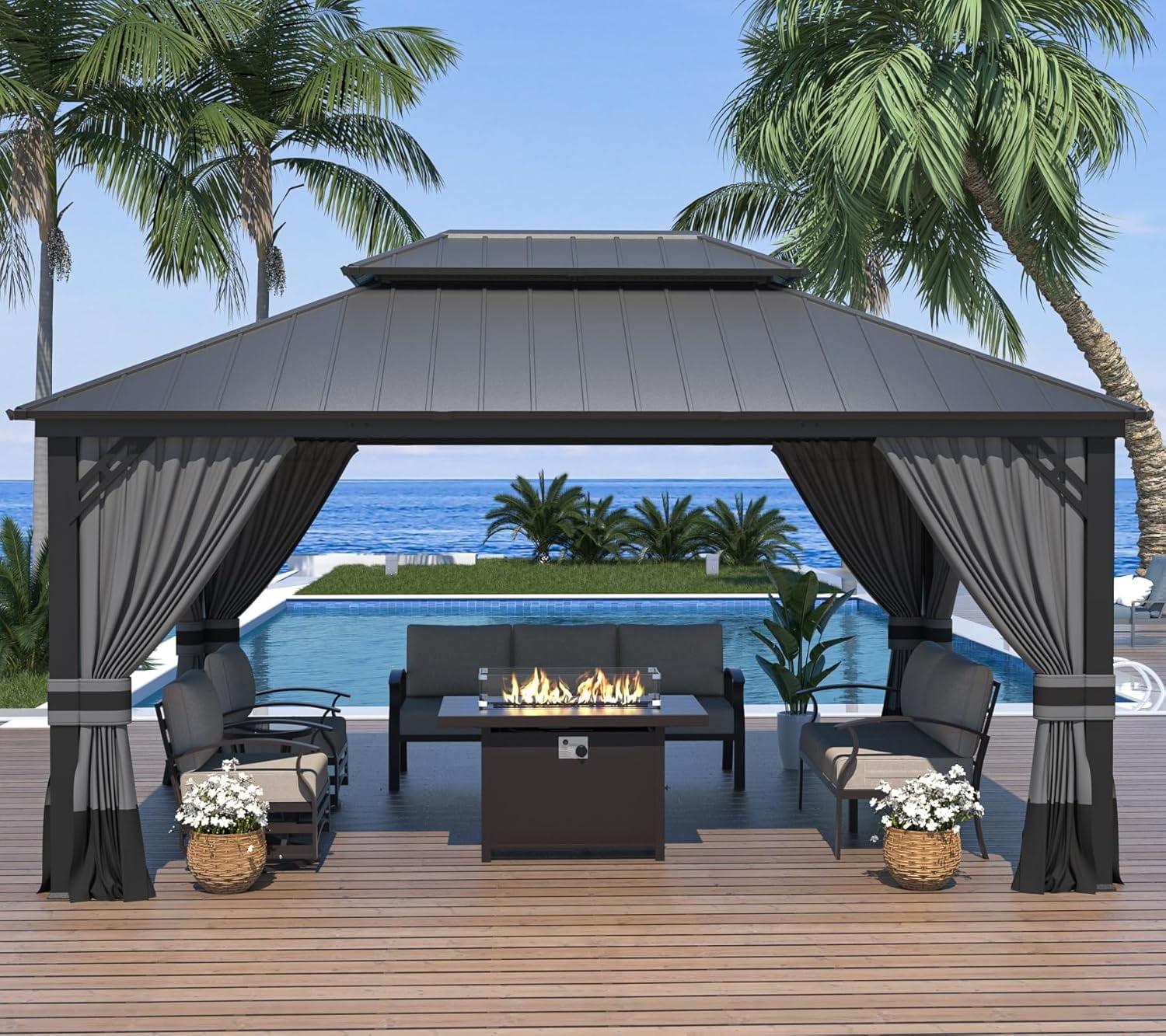Kozyard Kozyard Alexander Gray Double Roof Hardtop Gazebo with Privacy Curtain Mosquito Netting