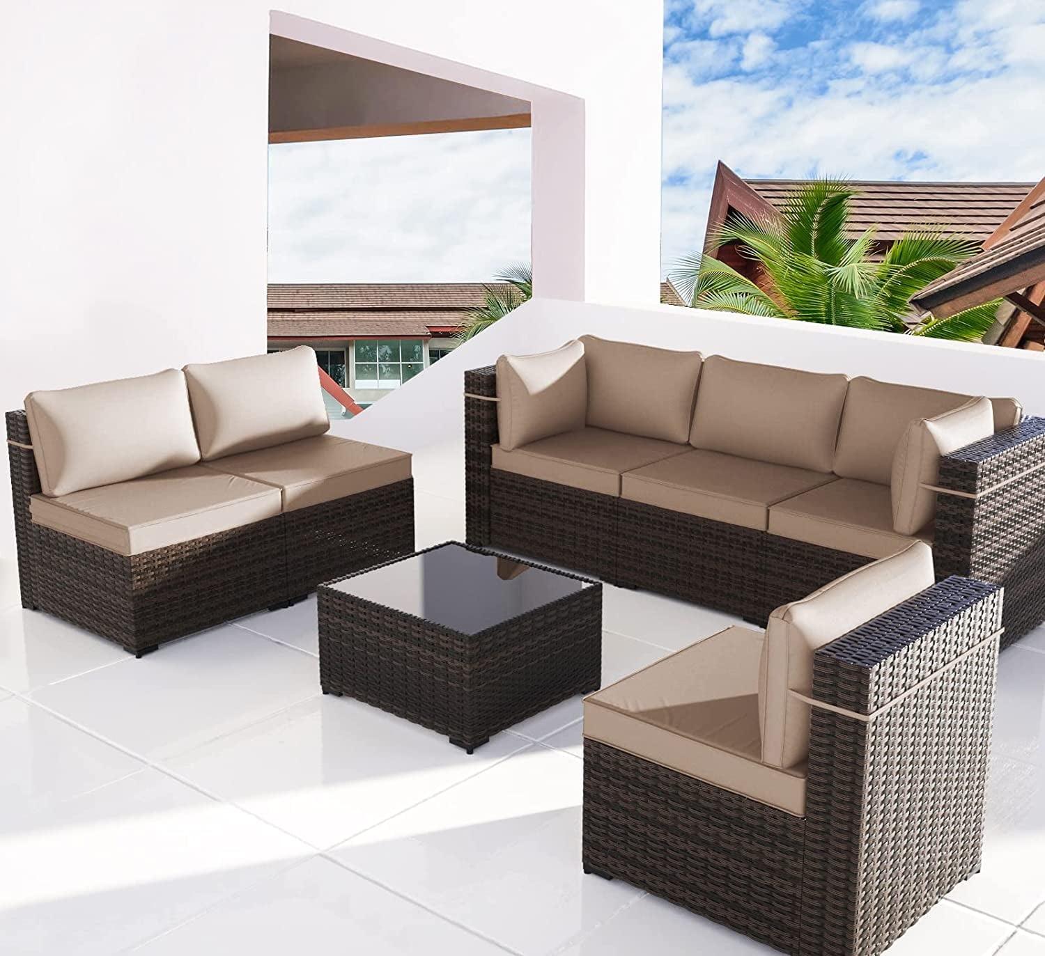 7-Piece Black Steel Wicker Patio Set with Beige Cushions