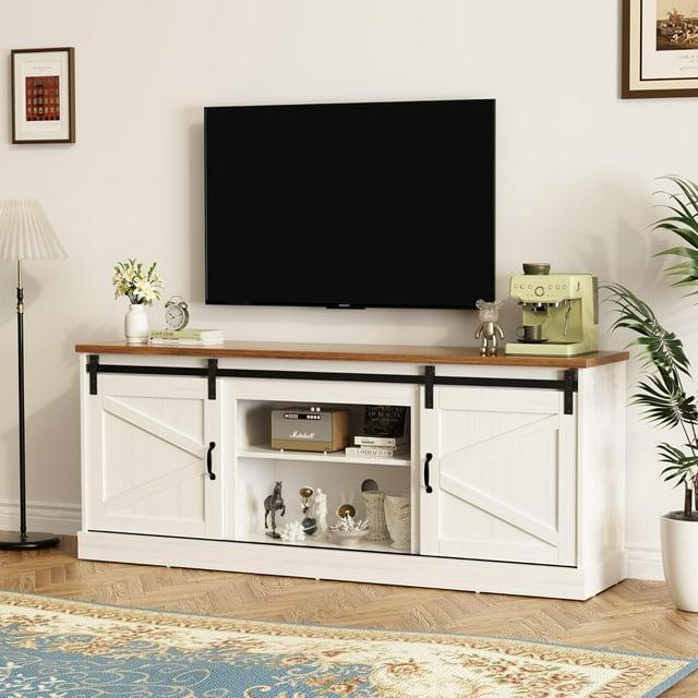 Kullavik Farmhouse TV Stand for Televisions up to 75 Inchs,Entertainment Center with Sliding Barn Doors and Storage Cabinets,Modern Media TV Console Table for Living Room,Bright White